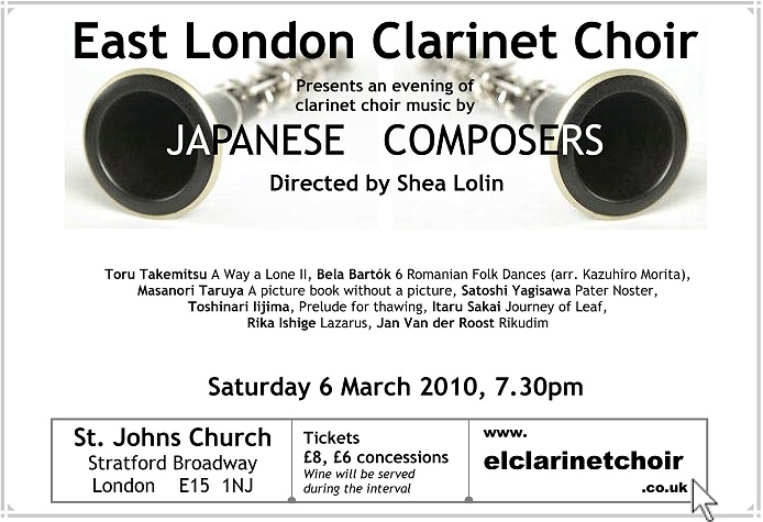 East London Clarinet Choir presents an evening of music by Japenese Composers, Directed by Shea Lolin